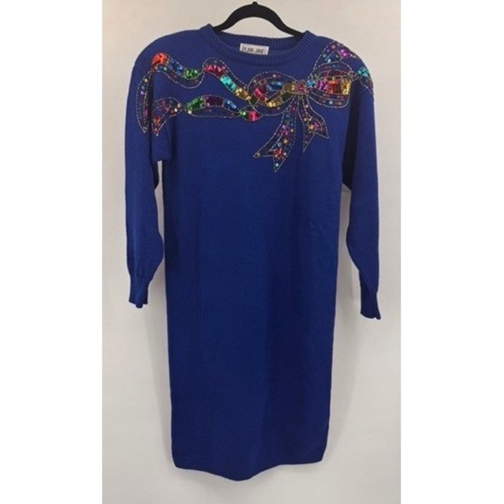 Vintage Plain Jane Womens Blue Sequin Bow Sweater Dress MEDIUM Retro Holiday